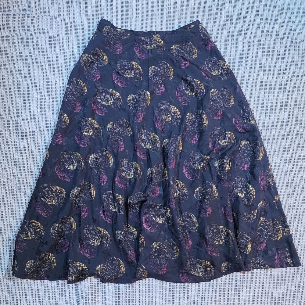 Vintage Jones New York Silk Circle Maxi Black Skirt Sz 12 Dotted Floral 90s Y2K